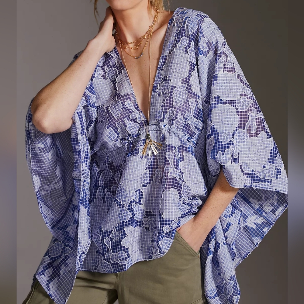 Anthropologie Tie-Front Blue and White Floral Gingham Caftan One Size